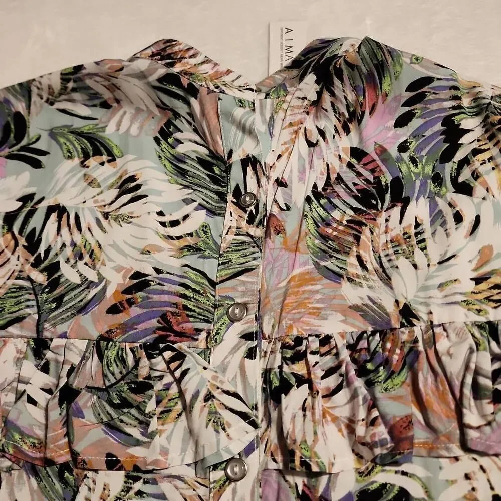 Aimae Tropical Print Ruffled Yoke Button Front Western Flair Long Sleeve Size Me